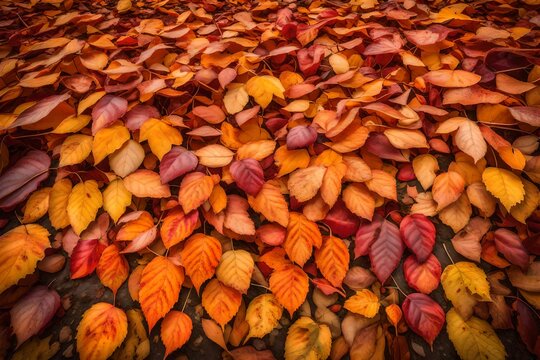 A bunch of vibrant autumn colored mulberry leaves lays scattered on the ground, creating a skeletal background. The leaves cover the earth, forming a natural carpet in various shades of red, orange