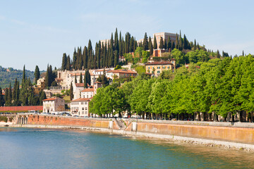 View of the hill of San Pietro and the castle of the same name on its top. Verona, Italy - 754788539