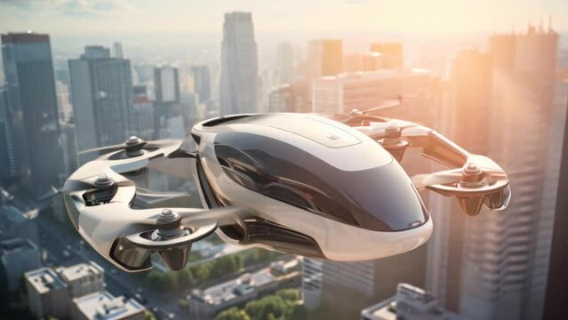 future transportation, passenger drone, futuristic manned roto passenger drone flying in the sky