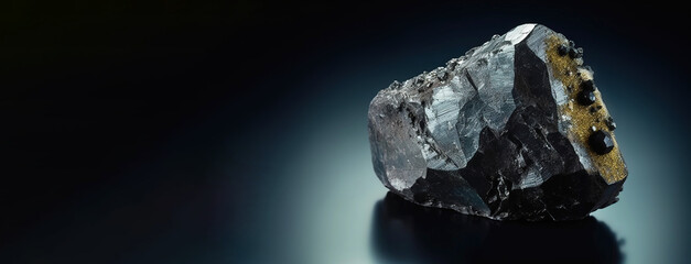 Naklejka premium Ferberite is a rare precious natural stone on a black background. AI generated. Header banner mockup with space.