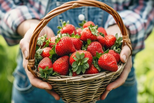 A person is holding a basket full of strawberries