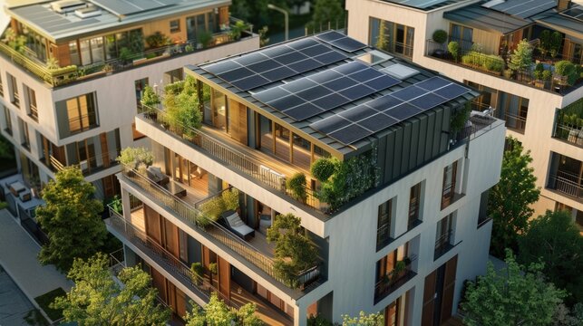 House with an energy saving concept with solar panels on the roof of the house. Generate AI image