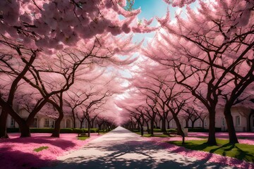 Blossoming cherry trees lining the streets, painting the urban landscape with hues of pink and white. Concept of urban spring beauty