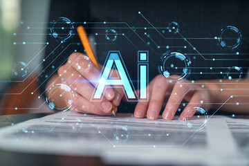 Businesswoman in formal wear taking notes signing contract at office workplace. Concept of important working moments, document sign, working process, concentration. Hands shot. Ai hologram