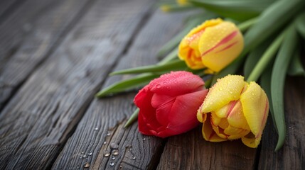 Fototapeta premium Yellow and red tulips, bound together with droplets of water, resting on a wooden background.