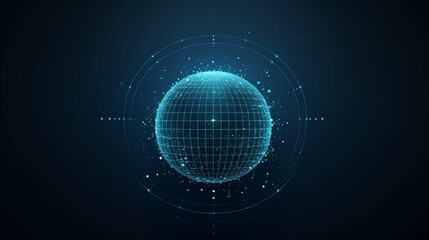 A sphere composed of points is illustrated, featuring an abstract globe grid in a 3D technology style. The design concept represents networks and technology in vector illustration format.