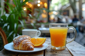 Classic French morning meal at a bistro patio with chocolate croissant, open-faced sandwich, and fresh orange juice. - obrazy, fototapety, plakaty