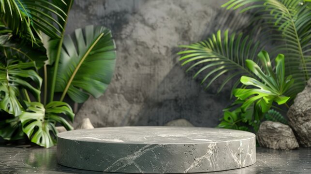 A circular stone podium for promotion of beauty products and others. Generate AI image