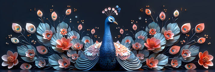 A 3D animated cartoon render of a refined peacock adorned with a floral crown. - obrazy, fototapety, plakaty