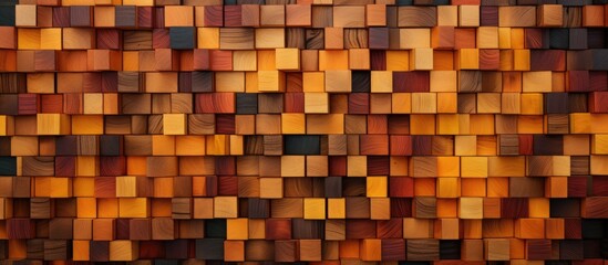 This image showcases a wall constructed using wooden blocks with varying textures and patterns. The blocks are neatly stacked to create a visually interesting and unique design.