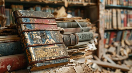 Stacked Ancient Books in a Dusty Library - obrazy, fototapety, plakaty