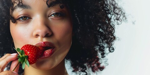 Lady enjoying a strawberry alone on a white background. - obrazy, fototapety, plakaty