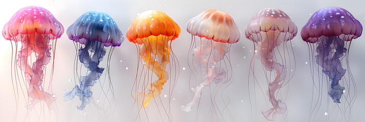A 3D animated cartoon render of colorful jellyfish swimming.