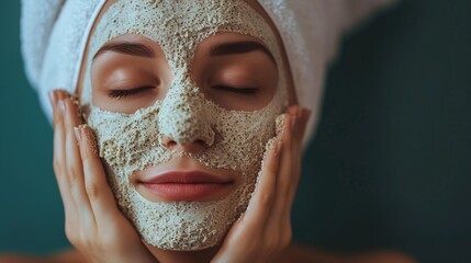 A youthful female using an exfoliating facial mask.