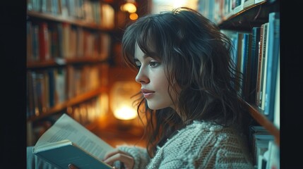 Woman Holding Book in Front of Bookshelf