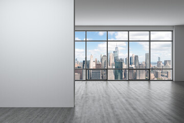 Fototapeta premium Downtown New York Lower Manhattan City Skyline Buildings from High Rise Window. Expensive Real Estate. Empty wall mockup room Interior Skyscrapers View Cityscape. Financial district. Day. 3d rendering
