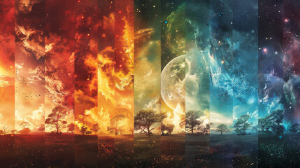 A vivid illustration showcasing the four elements of fire, water, earth, and air intertwined with the four seasons in a seamless transition.