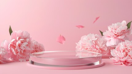 Glass podium for your product exhibition, with flowers an attractive pink color concept.