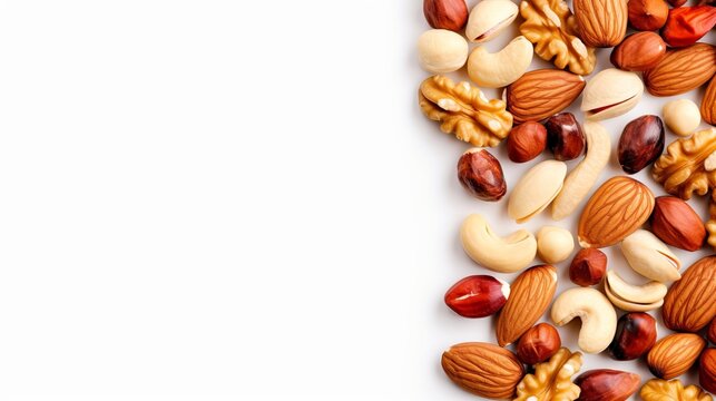 A variety of mixed nuts is presented against a white background, captured from a top view, with space for copying.