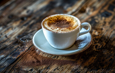 A cup of coffee on top of a white saucer on top of a wooden table. Close-up, background with a bokeh effect.