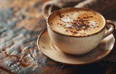 A cup of coffee on top of a white saucer on top of a wooden table. Close-up, background with a bokeh effect.