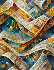 seamless pattern with collage of musical notes and newspapers, Printable digital oil paint.