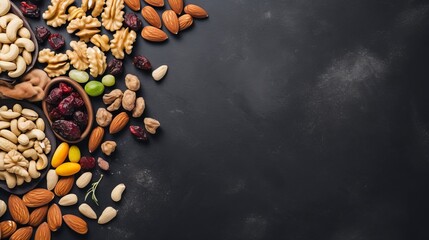A variety of nuts is arranged on a black slate or stone background, serving as a healthy snack option. The composition is captured from a top view with space for copying.