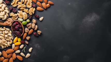 Poster A variety of nuts is arranged on a black slate or stone background, serving as a healthy snack option. The composition is captured from a top view with space for copying. © Shabnam