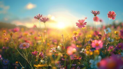 Obraz premium Field of Flowers With Sun Background