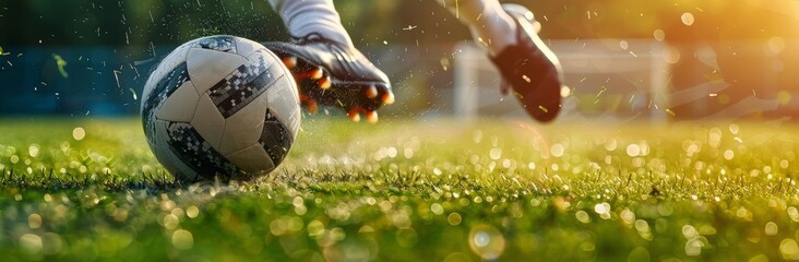 Person Kicking Soccer Ball in Grass - obrazy, fototapety, plakaty