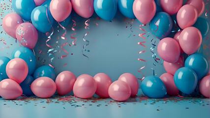 Pink and blue balloons and confetti background with copy space for festive gender reveal party or baby shower backdrop - obrazy, fototapety, plakaty