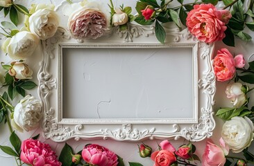 White Frame Surrounded by Pink and White Flowers