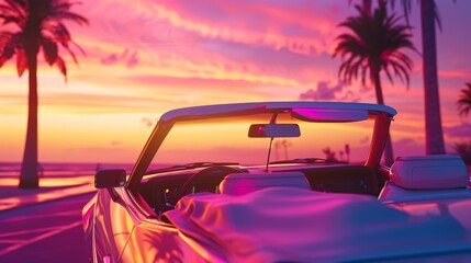 A serene scene of an open-top convertible car facing a stunning sunset with silhouetted palm trees in the background.