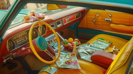 The interior of a vintage car is bright with sunlight, showcasing a colorful design, a yellow steering wheel, and a basket of fruit.