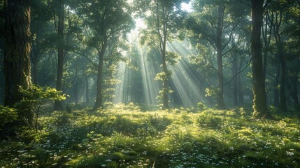 Sun Shines Through Trees in Forest