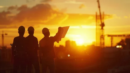 Deurstickers Silhouette Teams of Business Engineers looking for blueprints in construction sites through blurry construction sites at sunset.  © Emil