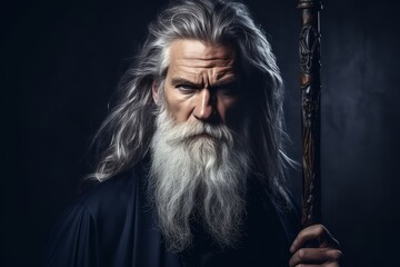 Elderly bearded sorcerer with long white hair leaning on wooden staff on dark background
