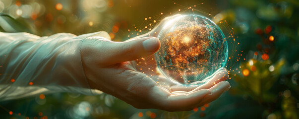 Hand gently holding a glowing earth network, symbolizing global connectivity and the need for environmental consciousness in the digital age. - obrazy, fototapety, plakaty