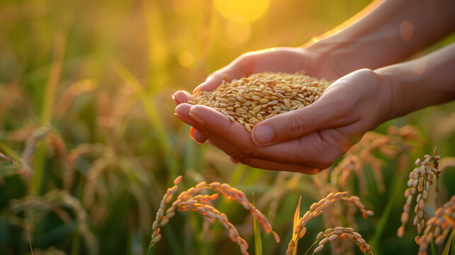 A person holding a small pile of grains rice in their hands.