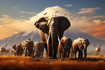 Foto op Plexiglas A group of many African animals giraffes lions elephants © wendi