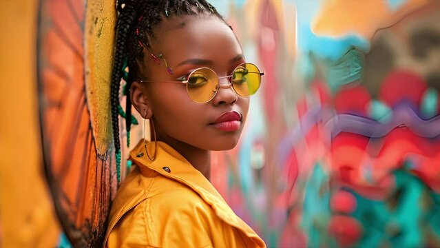 Pushing towards a teenage girl in South Africa wearing sunglasses and earrings and standing next to a graffiti wall