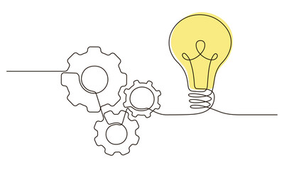 Single continuous line symbol of machine wheel gears and light bulb vector illustration. Cogwheel one line contour drawing business teamwork concept. Design for poster, card, label, company  © Nataliia