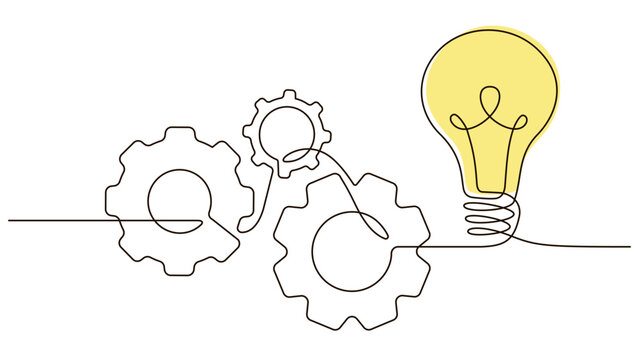 Single continuous line symbol of machine wheel gears and light bulb vector illustration. Cogwheel one line contour drawing business teamwork concept. Design for poster, card, label, company 