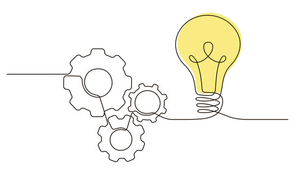 Single continuous line symbol of machine wheel gears and light bulb vector illustration. Cogwheel one line contour drawing business teamwork concept. Design for poster, card, label, company 