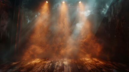 A smoky room with a wooden floor, surrounded by brick walls. Spotlights shine down from the ceiling, illuminating the smoke. - obrazy, fototapety, plakaty