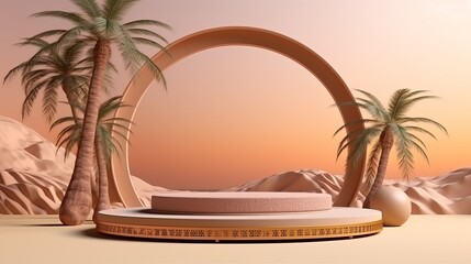 An Arabian-style product presentation stand is depicted, complete with a palm tree shade, in a 3D rendering.