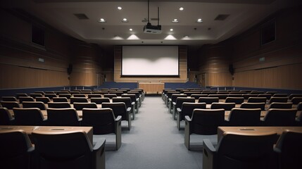 Illustration of spacious hall for lectures and presentations. Big conference room indoor background.