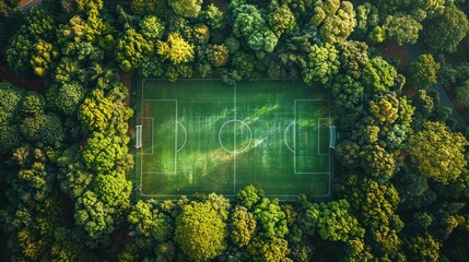 Aerial view of hidden sports field, empty field with slim paths in dense forest.