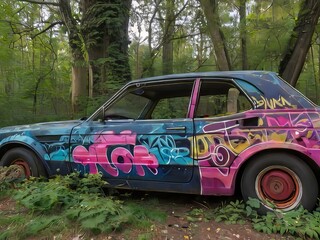 coche abandonado en la naturaleza con grafitti