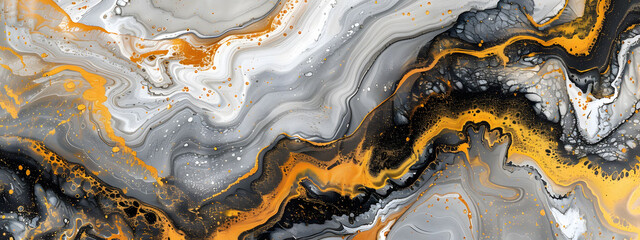Fototapeta premium Elegant black and white marble stone texture adorned with luxurious gold details. Abstract design features a mix of black marble, gold ink patterns, and fluid brush strokes.